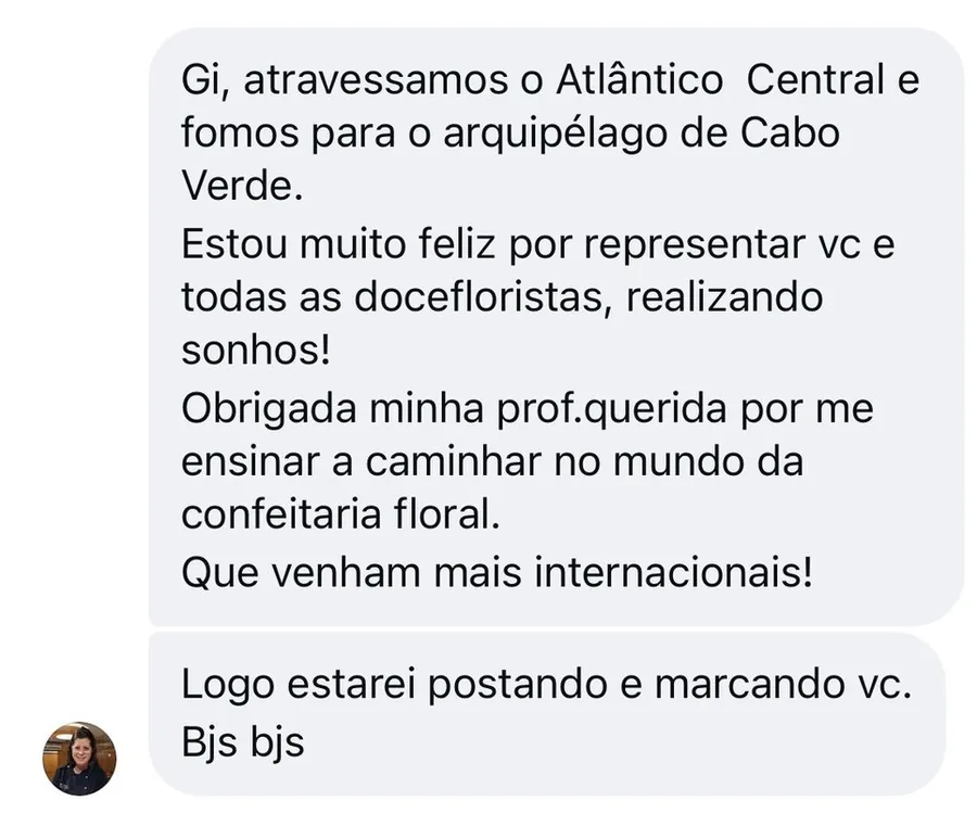 Print de mensagem de aluna da Prof Gi